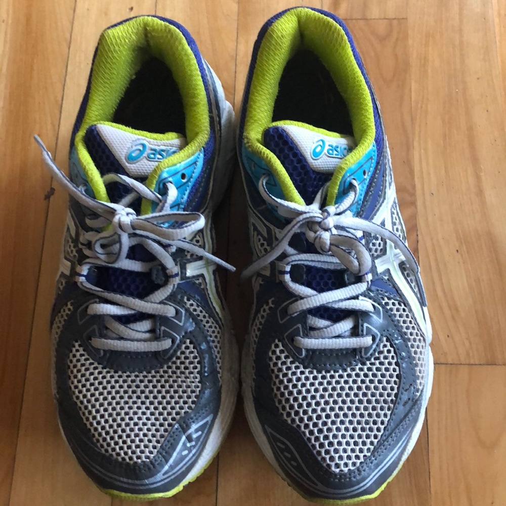 Blue green grey ASICS running shoes